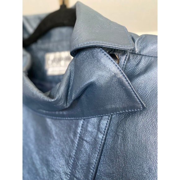 Vintage Bagatelle Leather Jacket Metallic Blue Cropped Moto Retro Scandi City - Picture 9 of 13